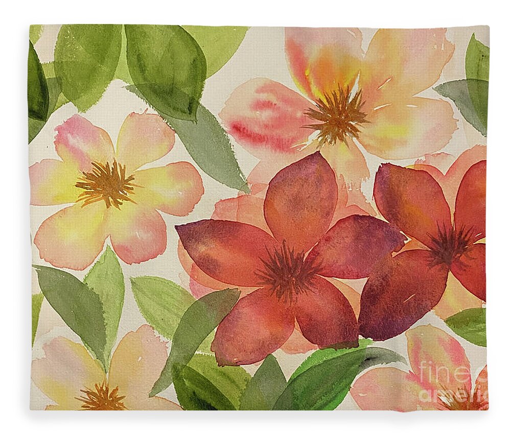 Flower Fleece Blanket featuring the painting Flowers and Leaves by Lisa Neuman