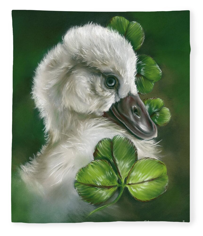 Bird Fleece Blanket featuring the painting Fluffy Cygnet Hatchling Swan in Clover by MM Anderson