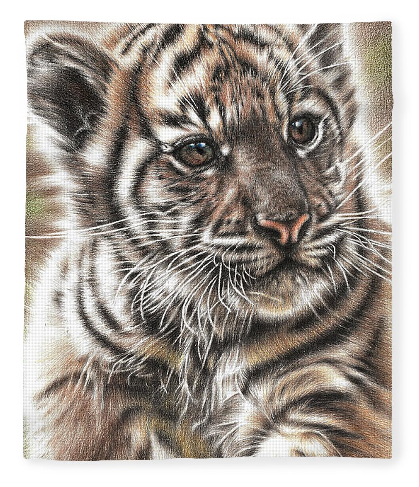Tiger Fleece Blanket featuring the drawing Fluffy Tiger Cub by Casey 'Remrov' Vormer
