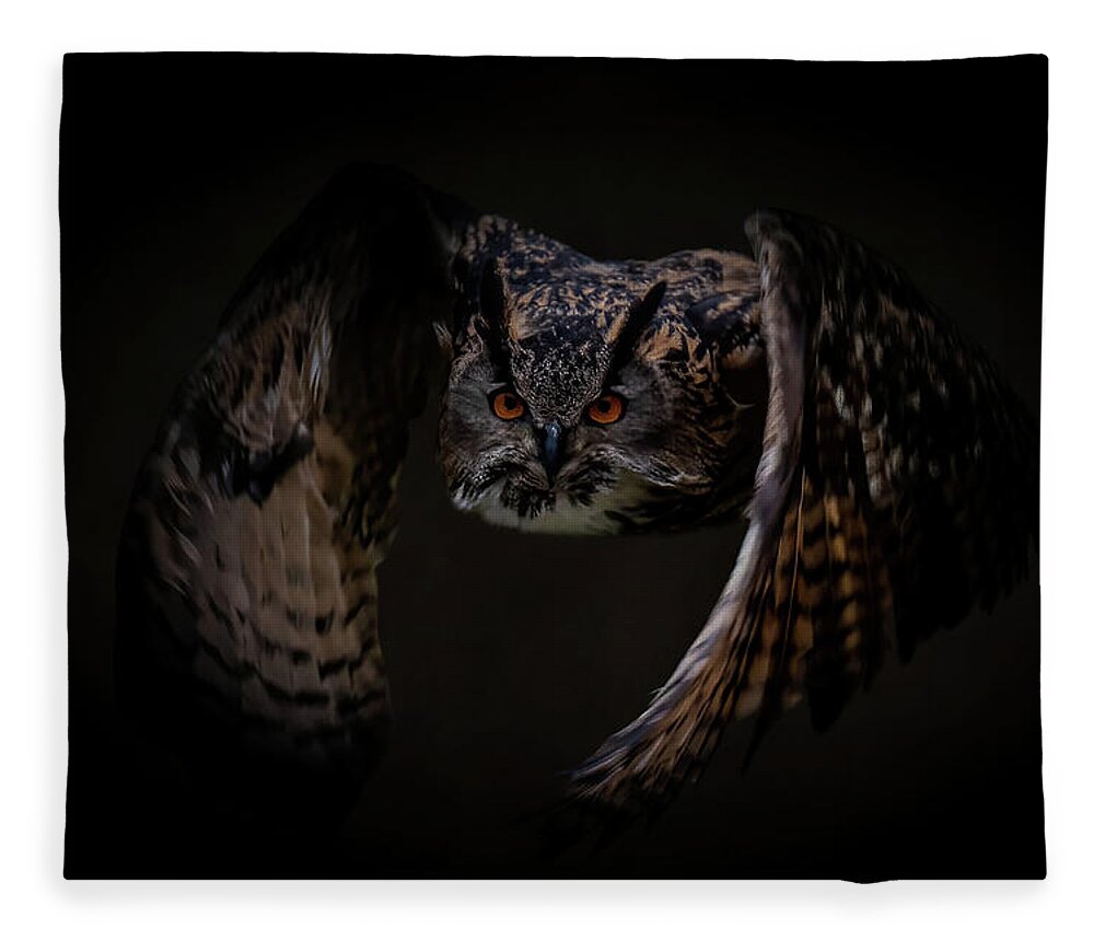 Flying Fleece Blanket featuring the digital art Flying European eagle owl by Marjolein Van Middelkoop