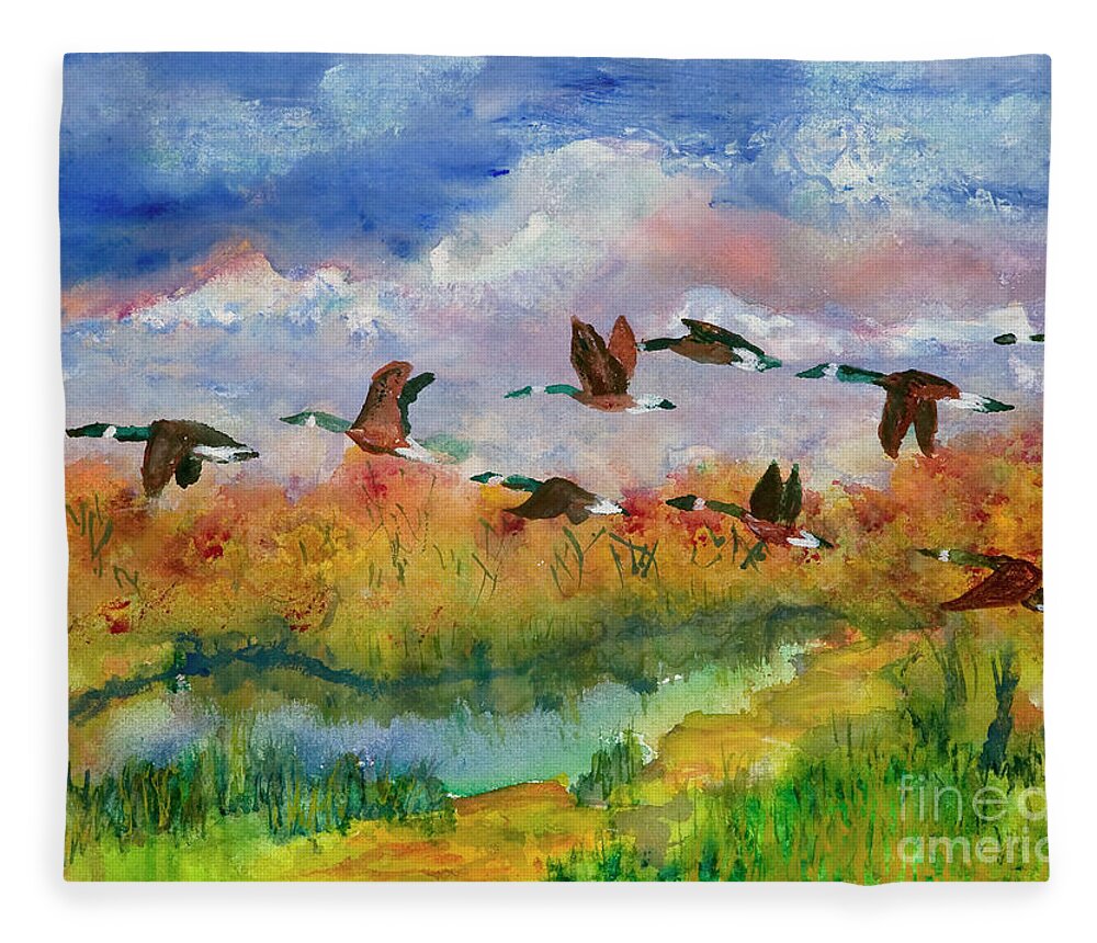 Ducks Fleece Blanket featuring the painting Flying South by Walt Brodis