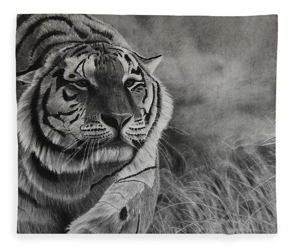 Tiger Fleece Blanket featuring the drawing Focus by Greg Fox