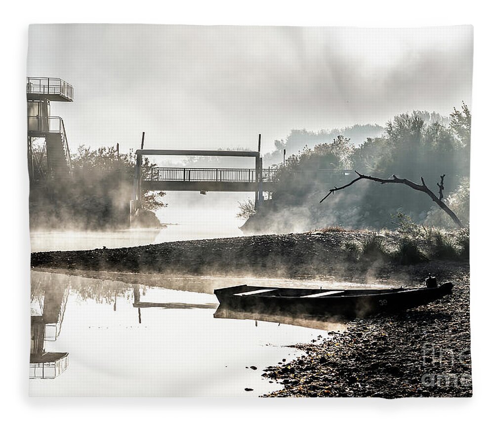 Anchor Fleece Blanket featuring the photograph Foggy Landscape With Boats On River Bank And Bridge In River Danube National Park In Austria by Andreas Berthold