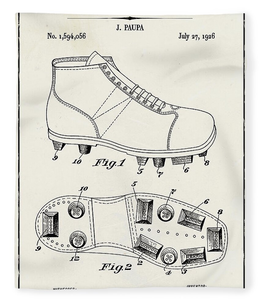 Football Fleece Blanket featuring the digital art Football Shoe Blueprint Patent on Ivory Paper by Florian Rodarte