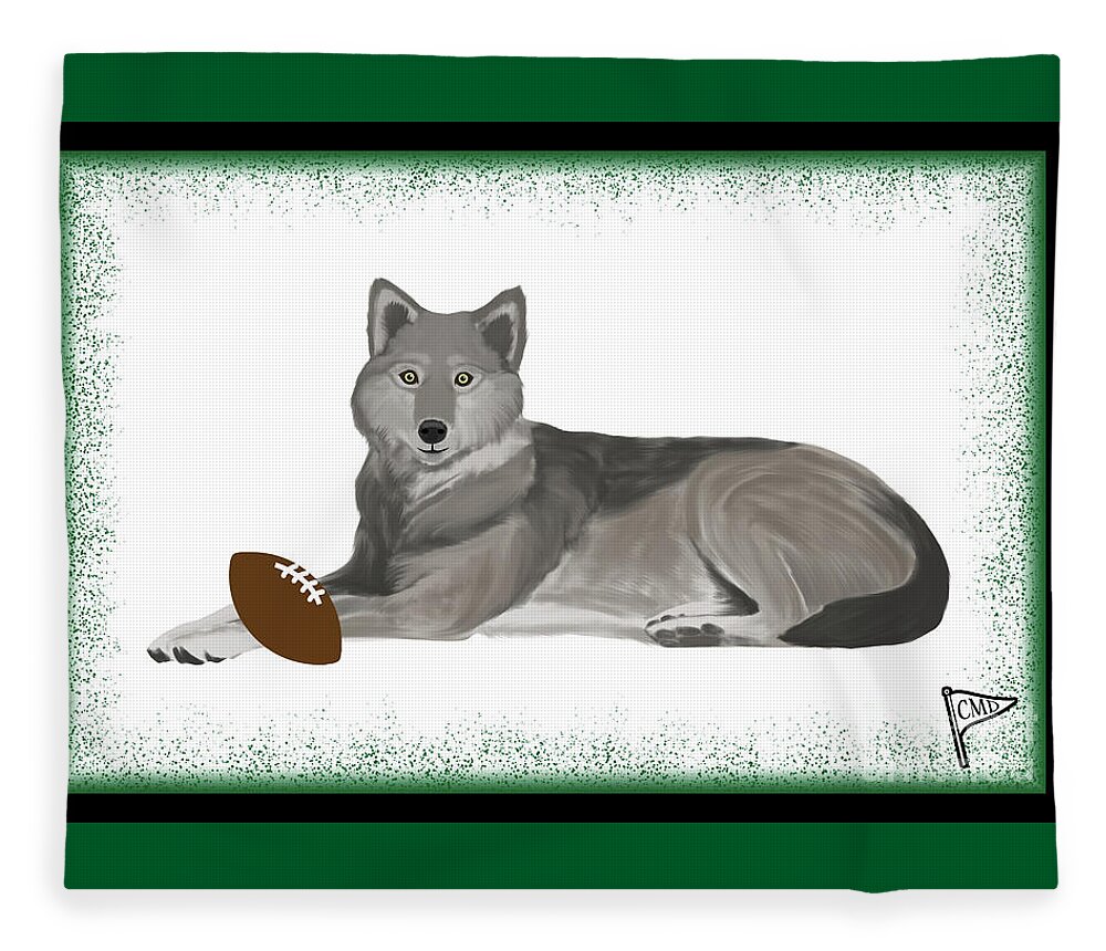 Football Wolves Fleece Blanket featuring the digital art Football Wolf Green by College Mascot Designs