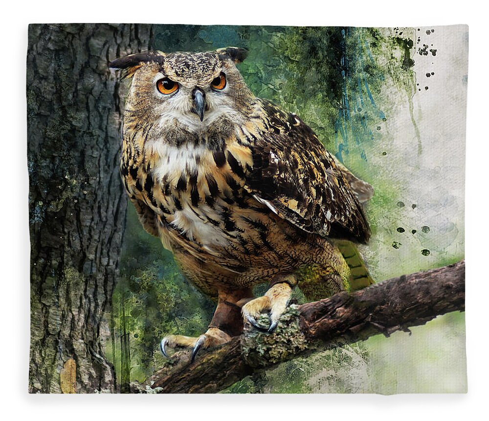 Great Horned Owl Fleece Blanket featuring the mixed media Forest Owl by Kathy Kelly