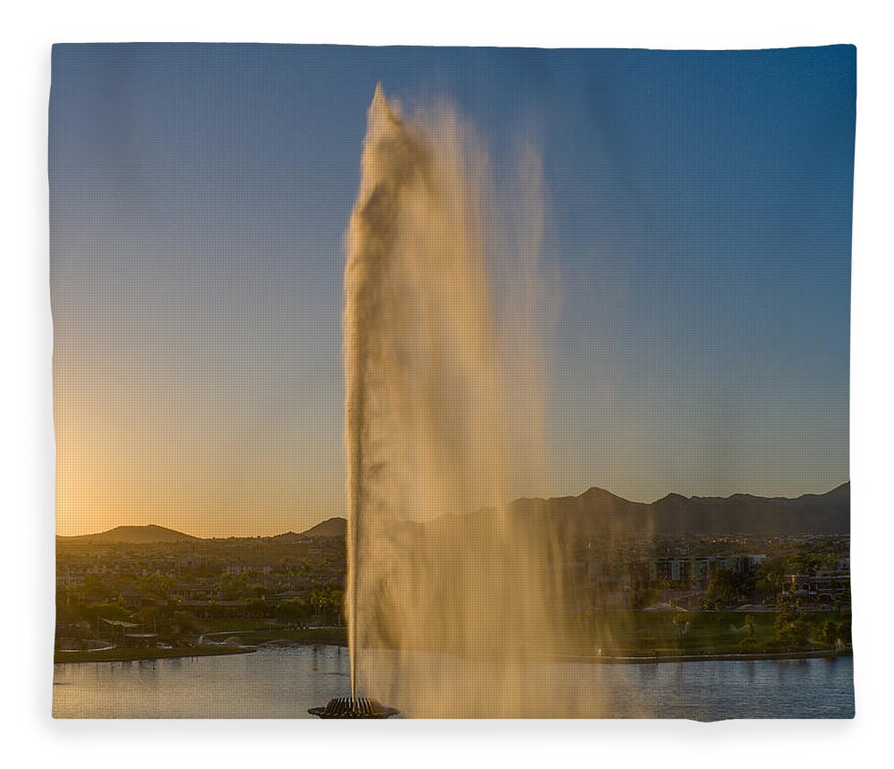 Arizona Fleece Blanket featuring the photograph Fountain Hills, Arizona Fountain Golden Hour Sunlight by Anthony Giammarino