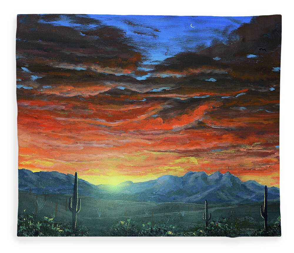 Four Peaks Fleece Blanket featuring the painting Four Peaks Sunrise by Chance Kafka