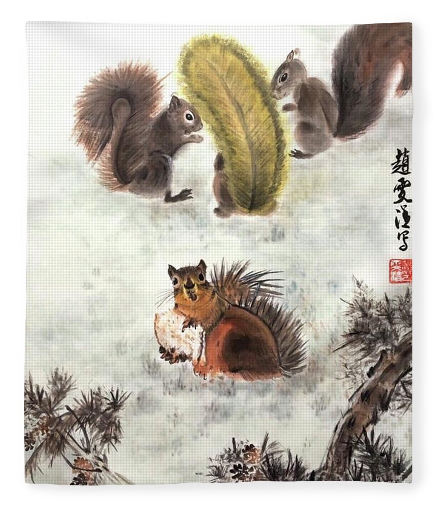 Squirrels Fleece Blanket featuring the painting Four Squirrels In The Neighborhood by Carmen Lam