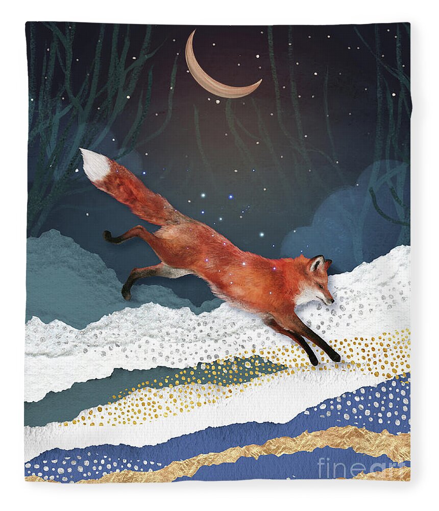 Fox And Moon Fleece Blanket featuring the painting Fox And Moon by Garden Of Delights