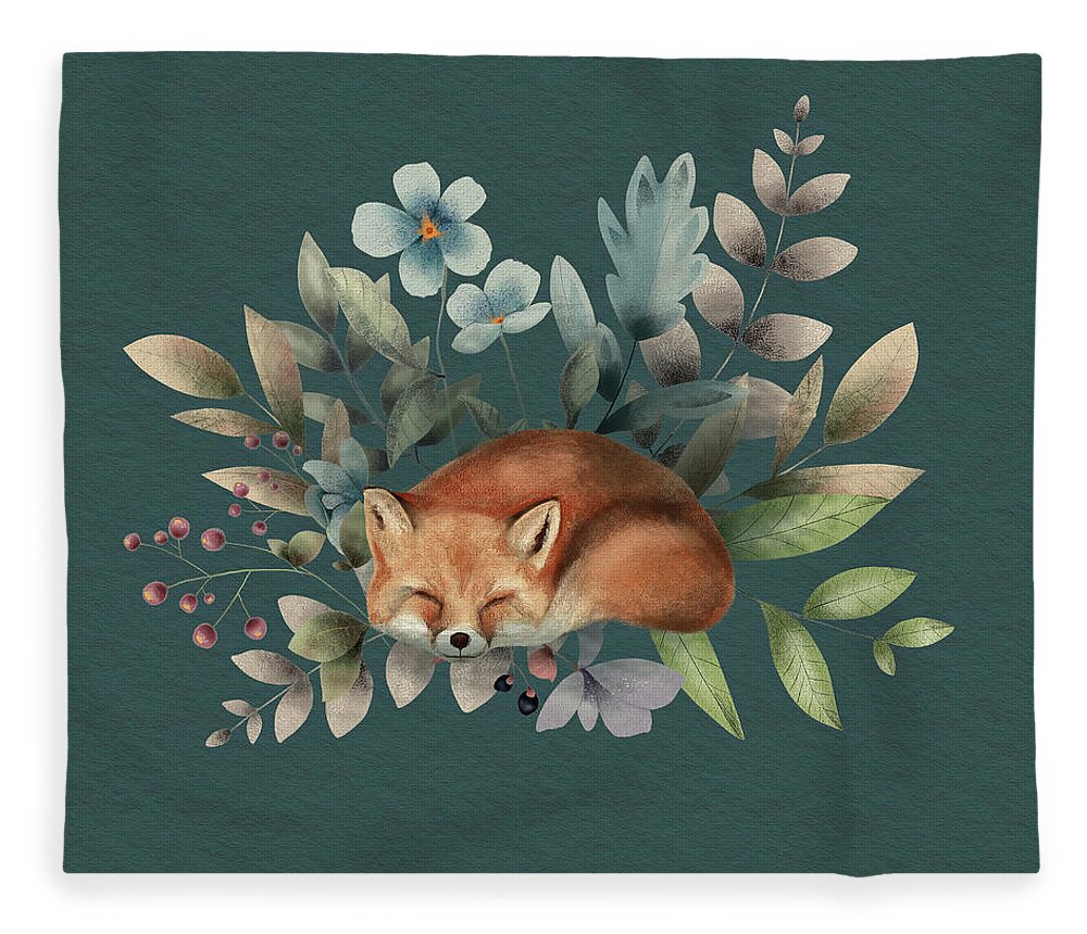 Fox Fleece Blanket featuring the painting Fox With Flowers by Garden Of Delights