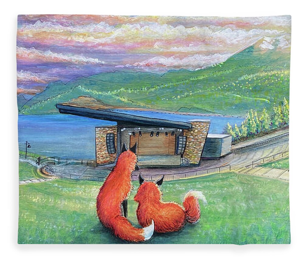 Dillon Fleece Blanket featuring the painting Foxes at Lake Dillon Amphitheater by David Sockrider