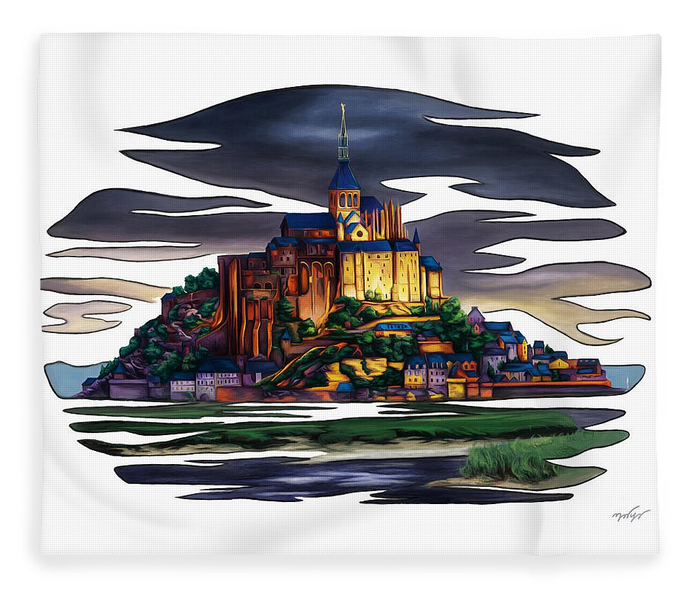 France Fleece Blanket featuring the painting France colorful landscape, Saint Michael's Mount by Nadia CHEVREL