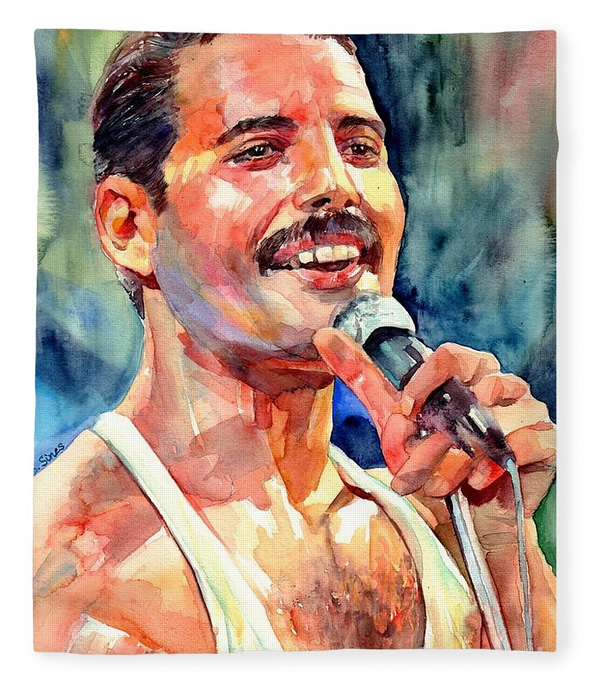 Freddie Mercury Fleece Blanket featuring the painting Freddie Mercury Live Aid by Suzann Sines