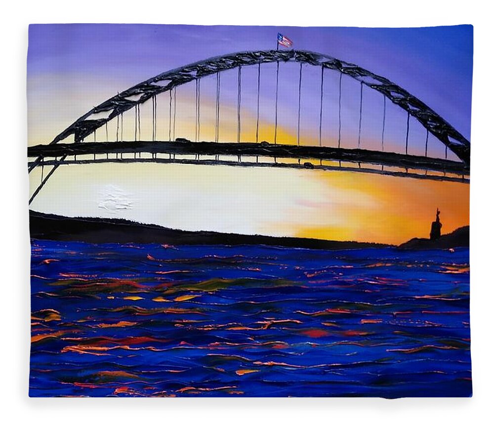Fremont Bridge Fleece Blanket featuring the painting Fremont Bridge At Dusk #25 by James Dunbar