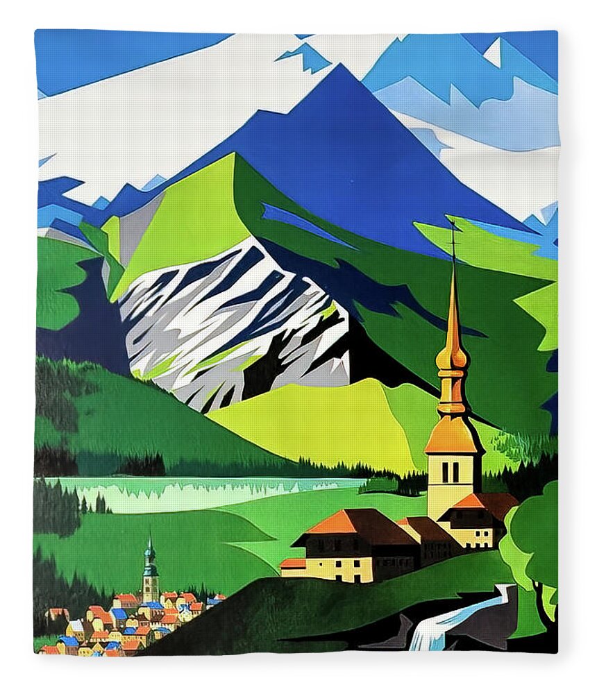 1968 Fleece Blanket featuring the drawing French Alps Travel Poster 1968 by M G Whittingham
