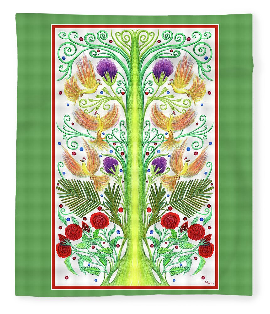 Firebirds Fleece Blanket featuring the painting French Inspired Design with Six Firebirds by Lise Winne