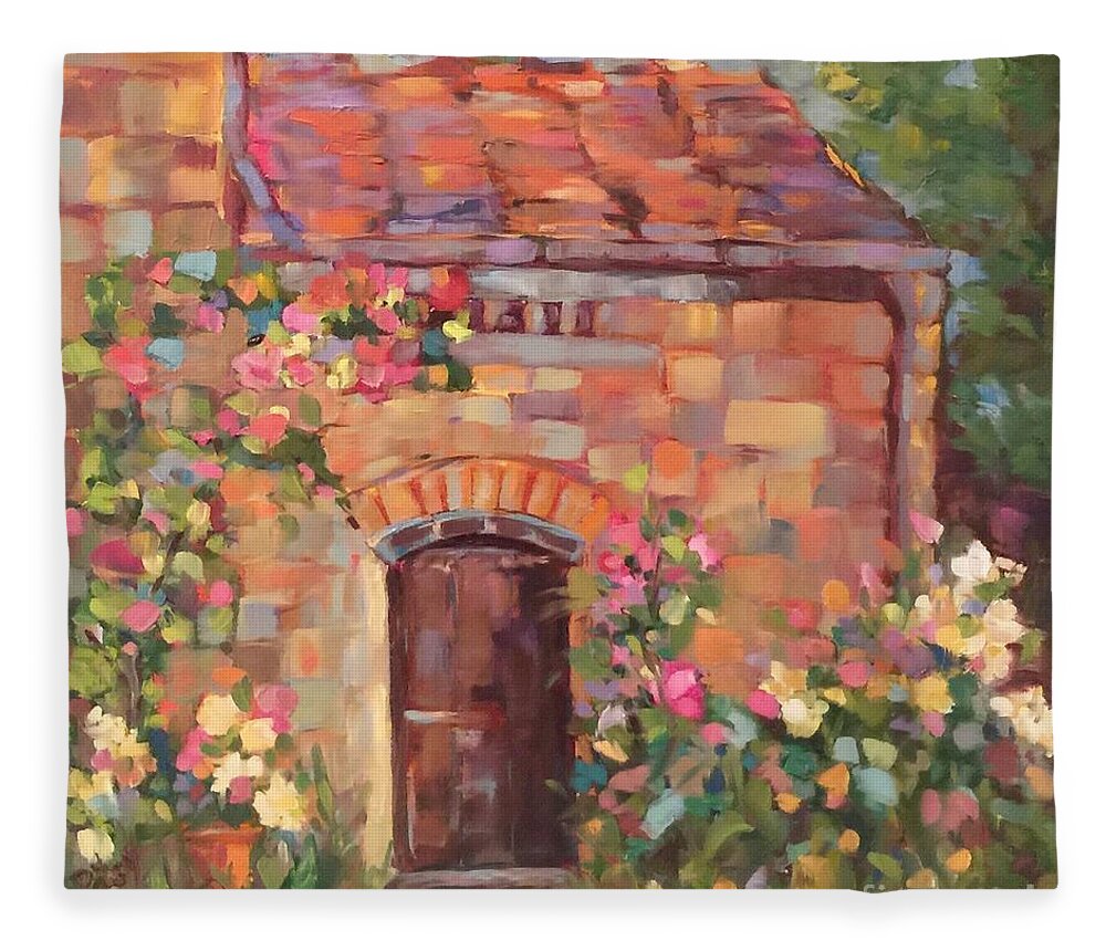 France Tiled Roof Villa Old Door Roses Vines Fleece Blanket featuring the painting French Villa by Patsy Walton