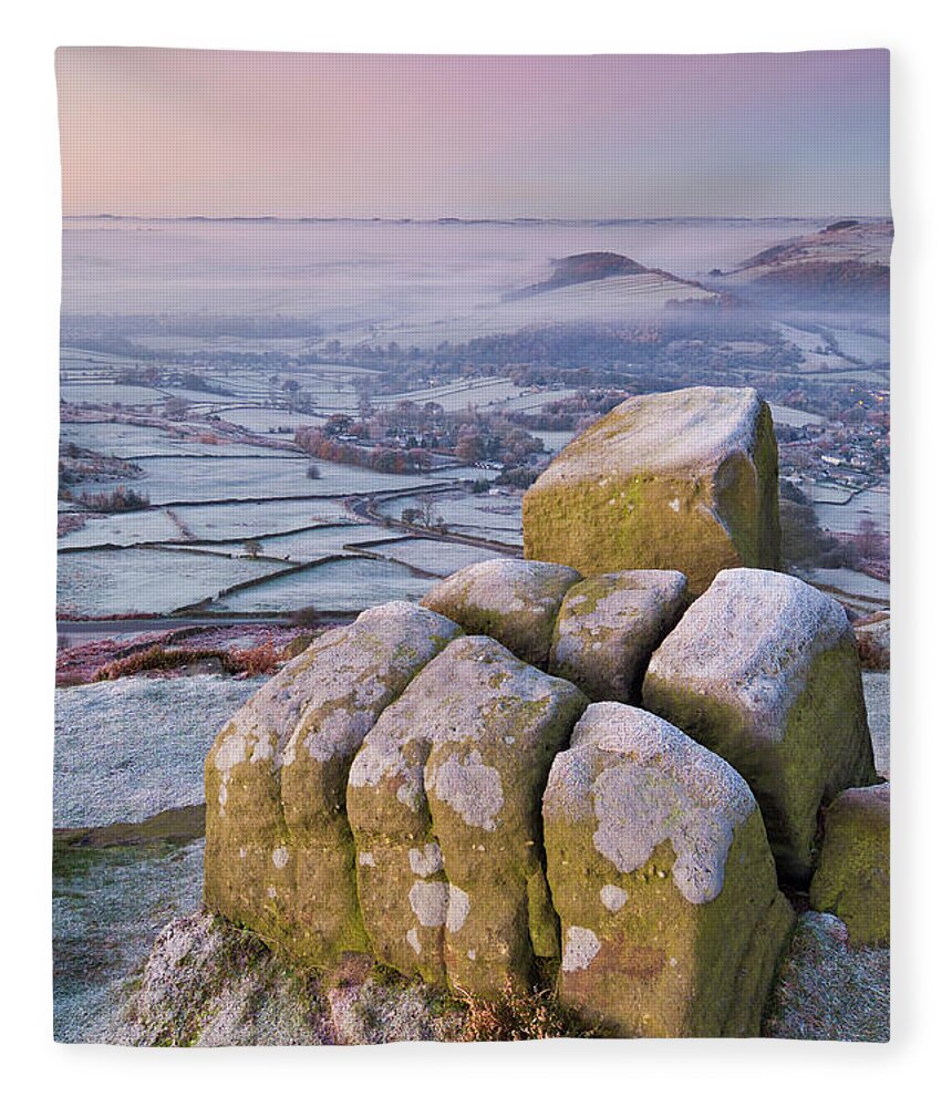 Froggatt Edge Fleece Blanket featuring the photograph Frosty Curbar edge sunrise, Peak District, England by Neale And Judith Clark