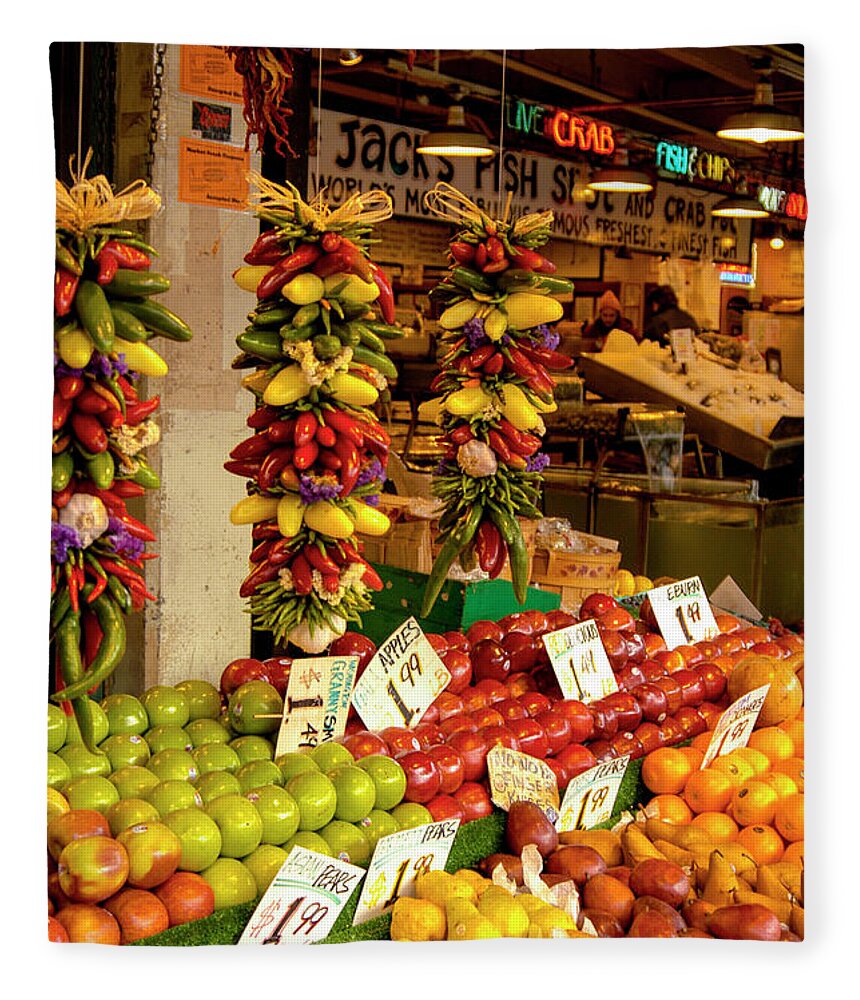 Market Fleece Blanket featuring the photograph Fruit and Vegetable market in Seattle, Washington with beautiful produce at great prices by Gunther Allen
