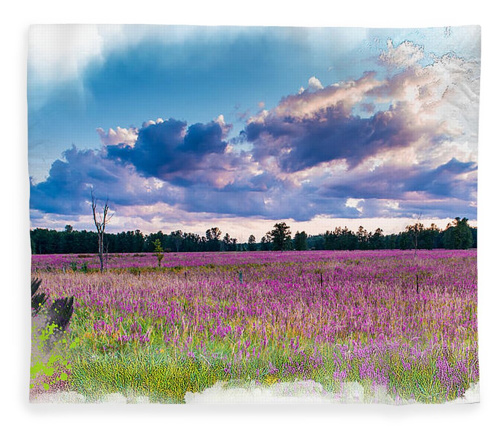 Landscape Fleece Blanket featuring the mixed media Fuchsia Fields by Moira Law
