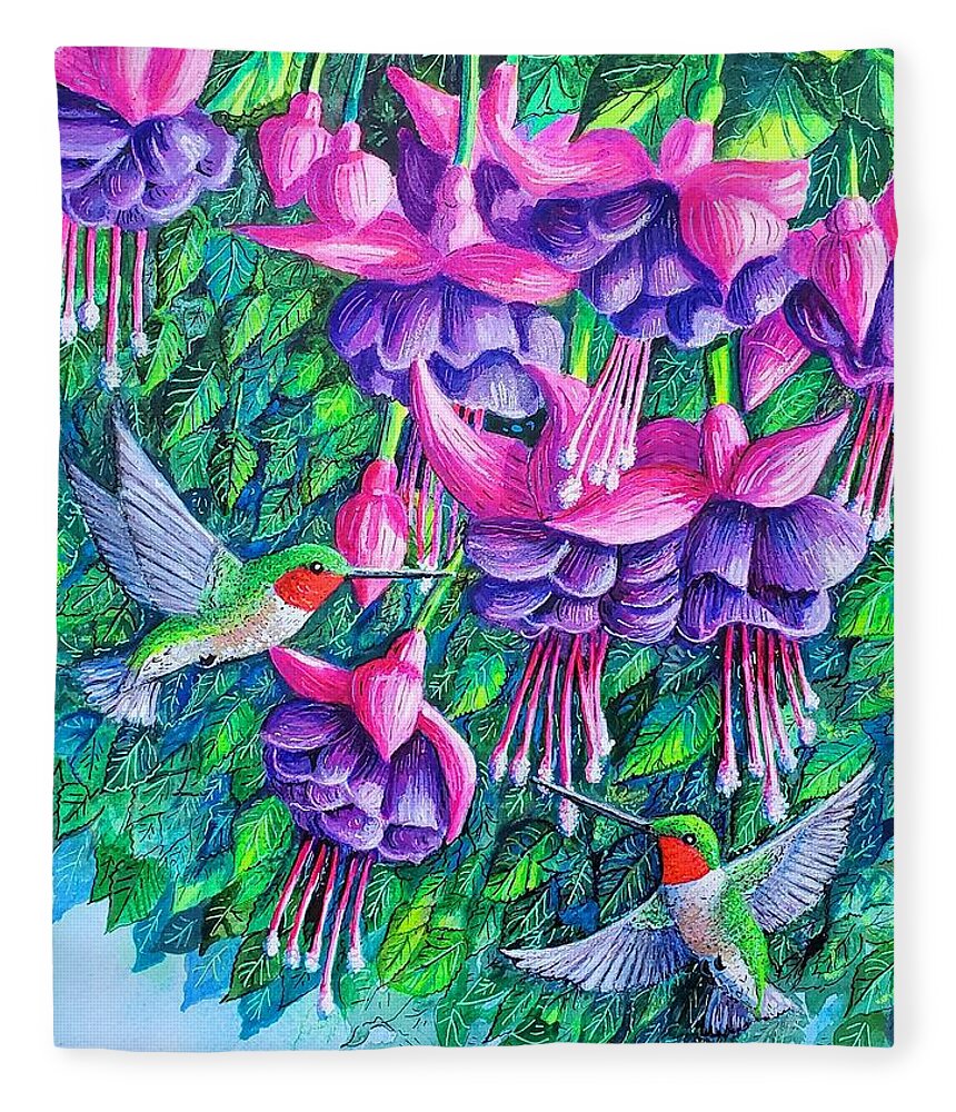 Fuchsia. Hummingbirds Fleece Blanket featuring the painting Fuchsia Frolic by Diane Phalen