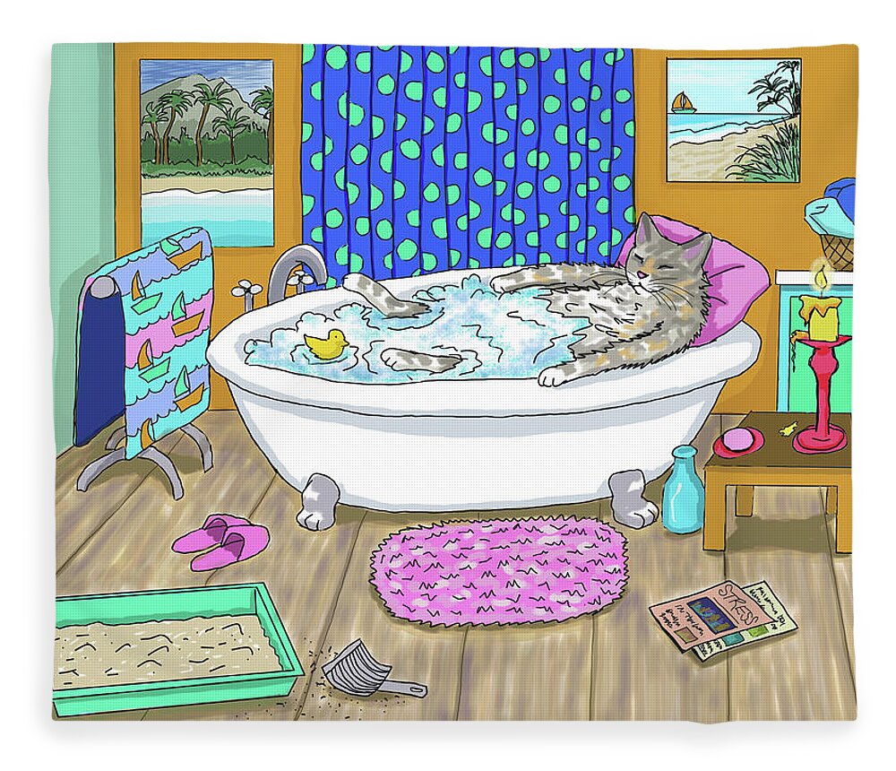 Cat Fleece Blanket featuring the digital art Funny Cat in Bath Cat 665 by Lucie Dumas