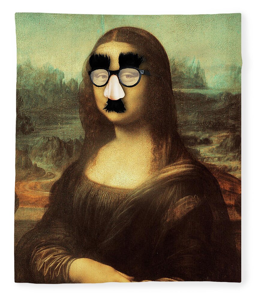 Mona Lisa Fleece Blanket featuring the painting Funny Humor Groucho Glasses Mona Lisa by Tony Rubino