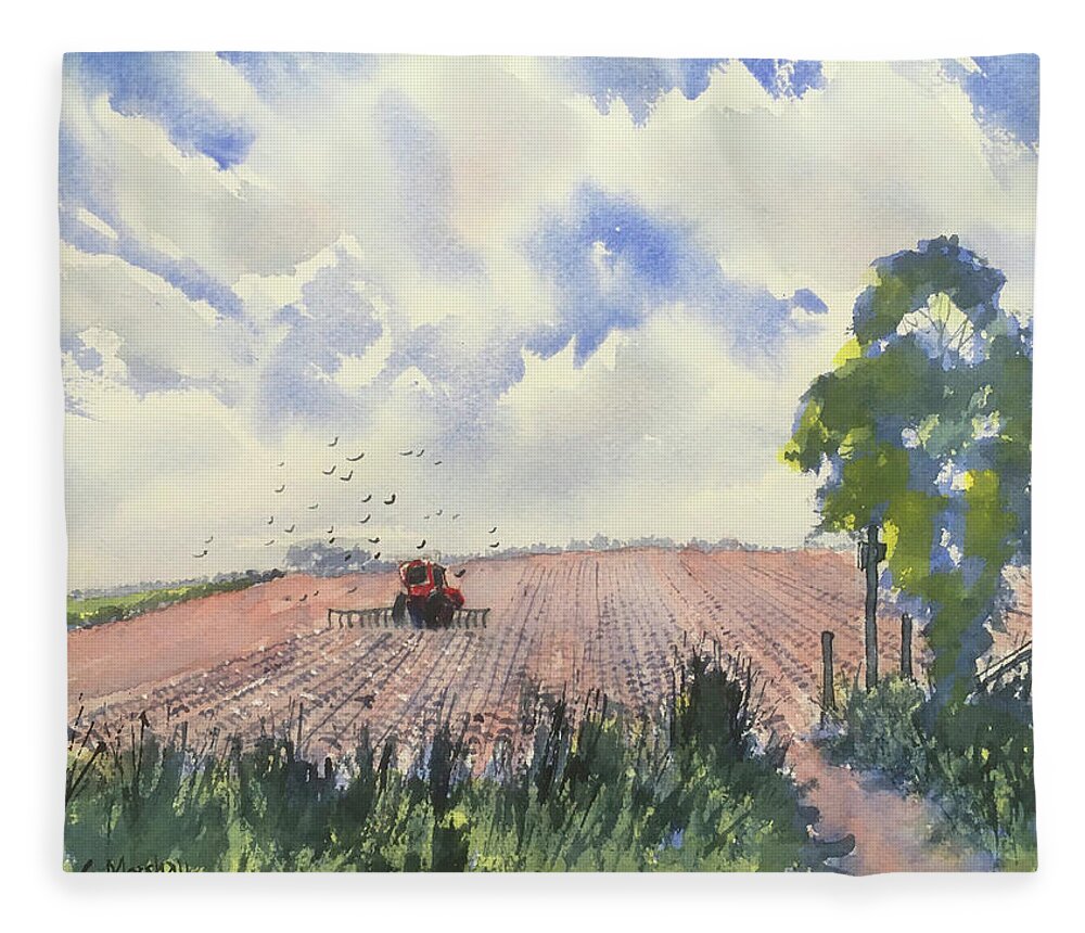 Watercolour Fleece Blanket featuring the painting Furrows and Gulls by Glenn Marshall