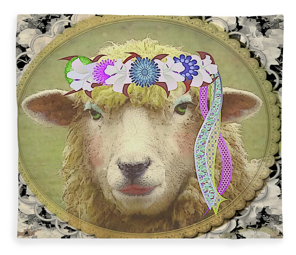 Vintage Style Fleece Blanket featuring the mixed media G-lamb-orous Sheep by Shelli Fitzpatrick