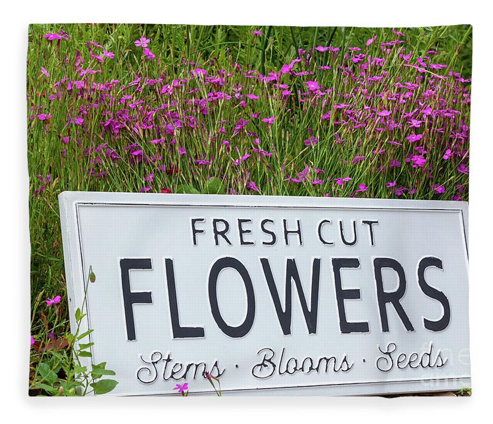 Flowers Fleece Blanket featuring the photograph Garden flowers with fresh cut flower sign 0738 by Simon Bratt