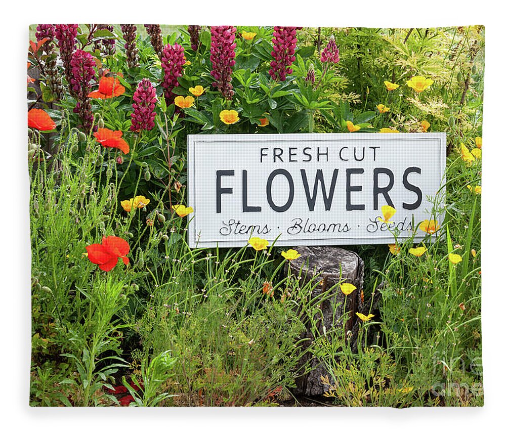 Arrangement Fleece Blanket featuring the photograph Garden flowers with fresh cut flower sign 0771 by Simon Bratt