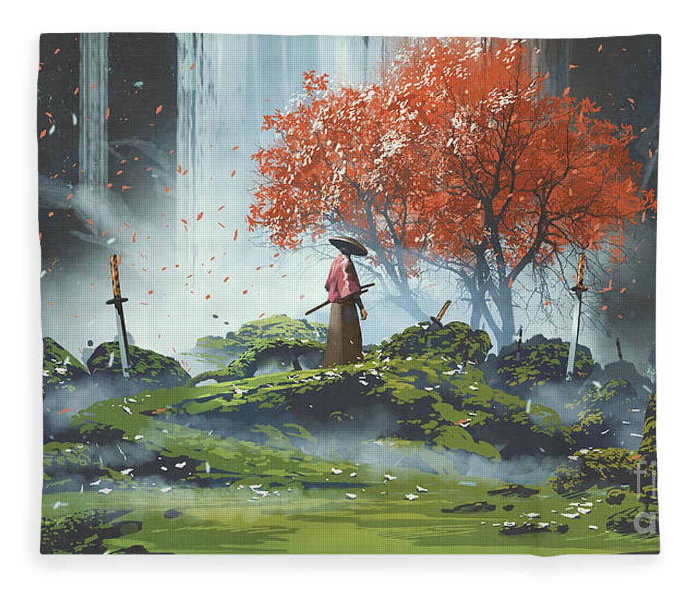 Illustration Fleece Blanket featuring the painting Garden Of The Katana Swords by Tithi Luadthong