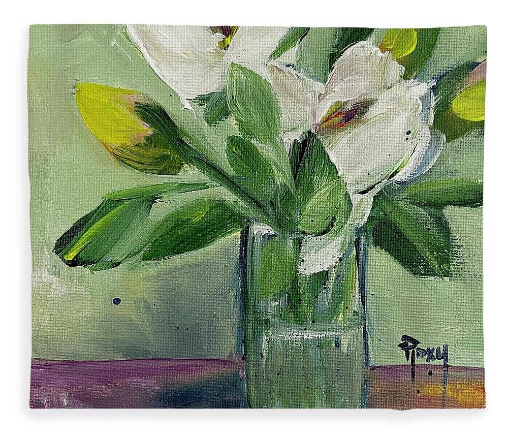 Gardenias Fleece Blanket featuring the painting Gardenias in a Glass by Roxy Rich