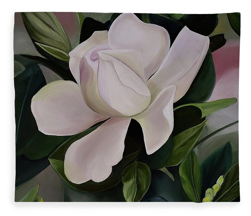 White Flower Fleece Blanket featuring the painting Gardinia by Connie Rish