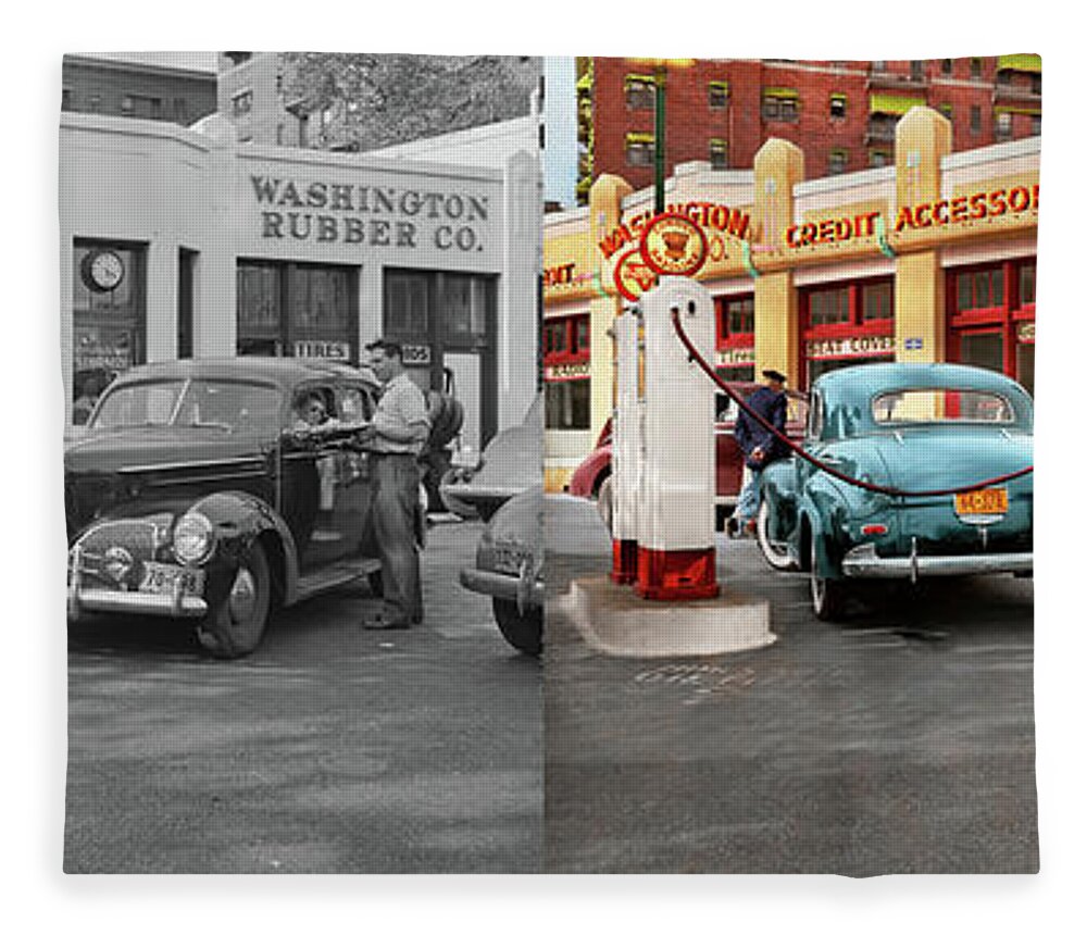 Washington Fleece Blanket featuring the photograph Gas Station - The rush before rationing 1943 - Side by Side by Mike Savad
