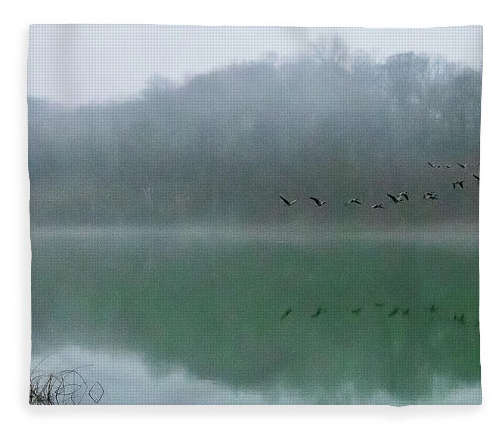 Landscape Fleece Blanket featuring the photograph Geese In Flight, Griffy Lake by Theresa D Williams