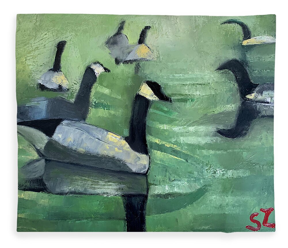 Geese Fleece Blanket featuring the painting Geese on the Pond by Suzy Norris