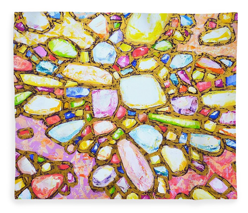 Stones Fleece Blanket featuring the painting Gems in Gold 6. by Iryna Kastsova