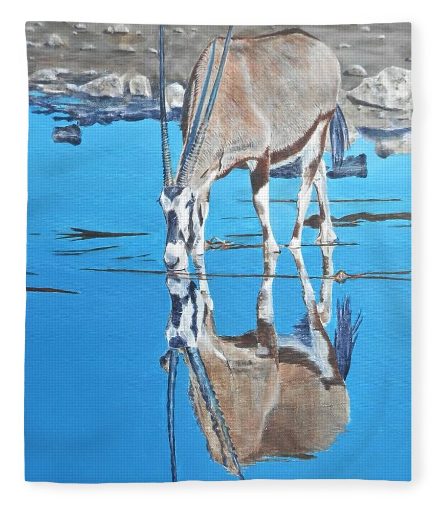Gemsbok Fleece Blanket featuring the painting Gemsbok at the Water Hole by John Neeve