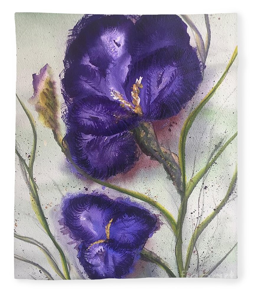 Floral Fleece Blanket featuring the painting German Bearded Iris Purple in Watercolor and Guoache by Catherine Ludwig Donleycott