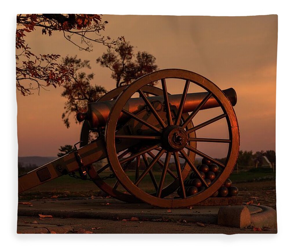 Cannons Fleece Blanket featuring the photograph Gettysburg - Cannon with Cannon Balls at Sunrise by Liza Eckardt