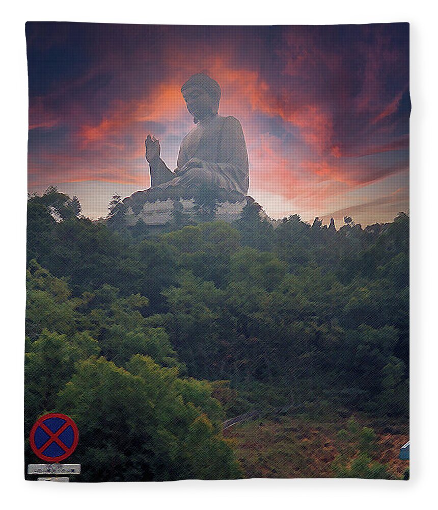 Hong Kong Fleece Blanket featuring the digital art Giant Buddha by Geoff Jewett