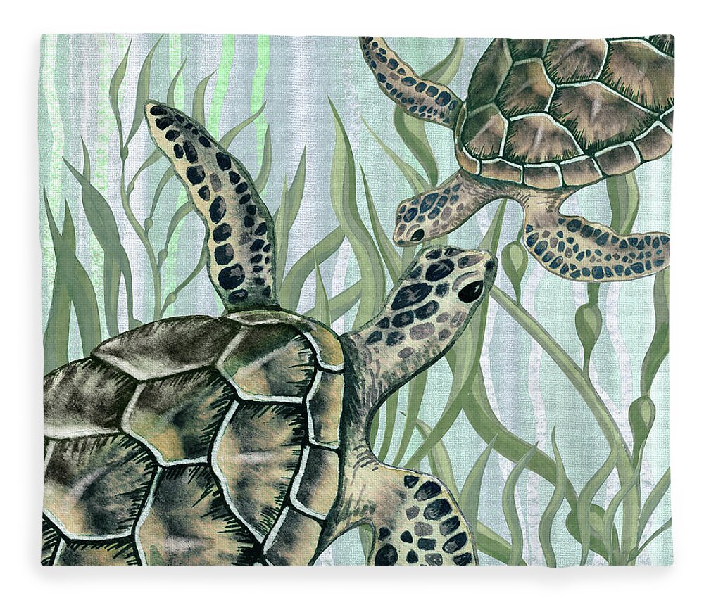 Art For Beach House Decor Ocean Seaweed Giant Turtle Swimming Fleece Blanket featuring the painting Giant Turtles Swimming In The Seaweed Under The Ocean Watercolor Painting IV by Irina Sztukowski