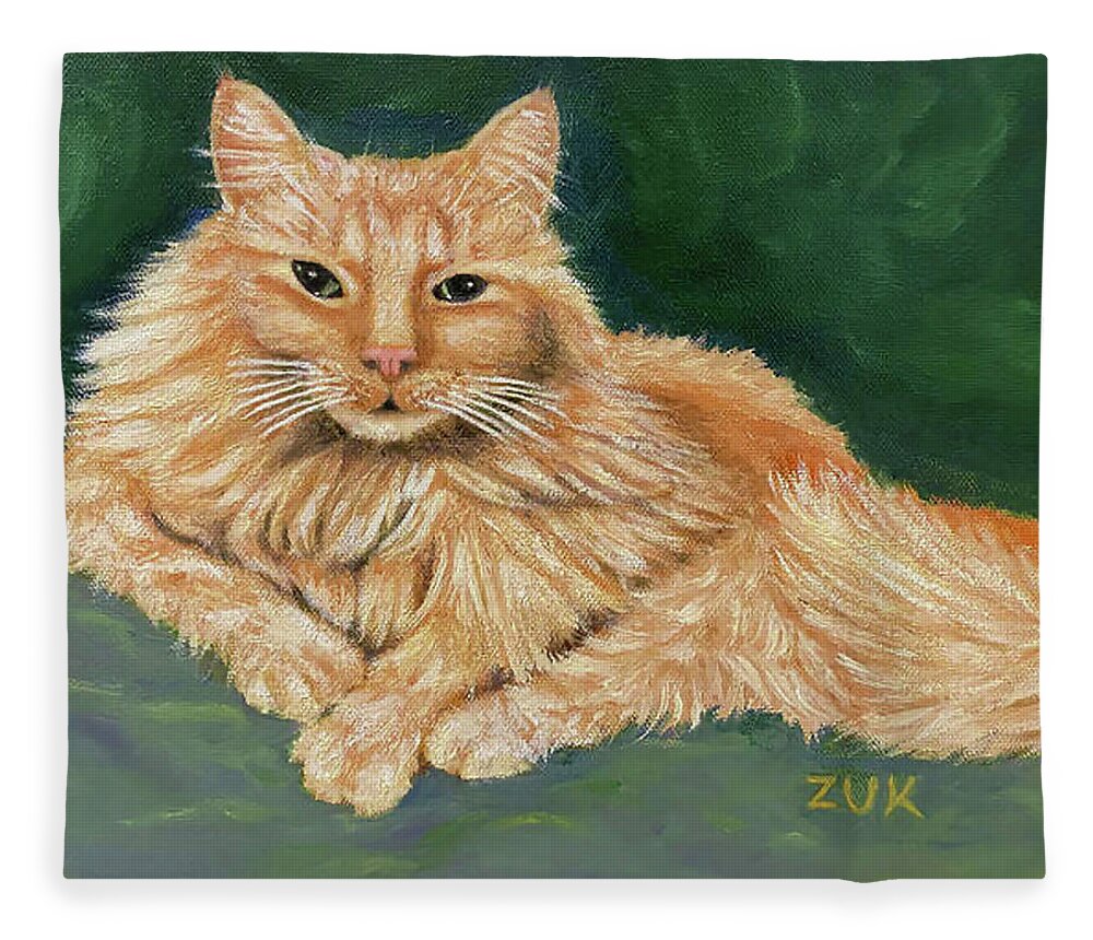 Orange Cat Fleece Blanket featuring the painting Ginger Cat Portrait by Karen Zuk Rosenblatt