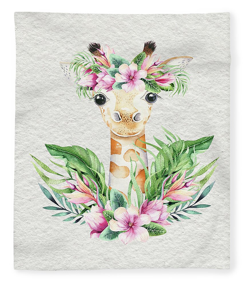 Giraffe Fleece Blanket featuring the painting Giraffe With Flowers by Nursery Art
