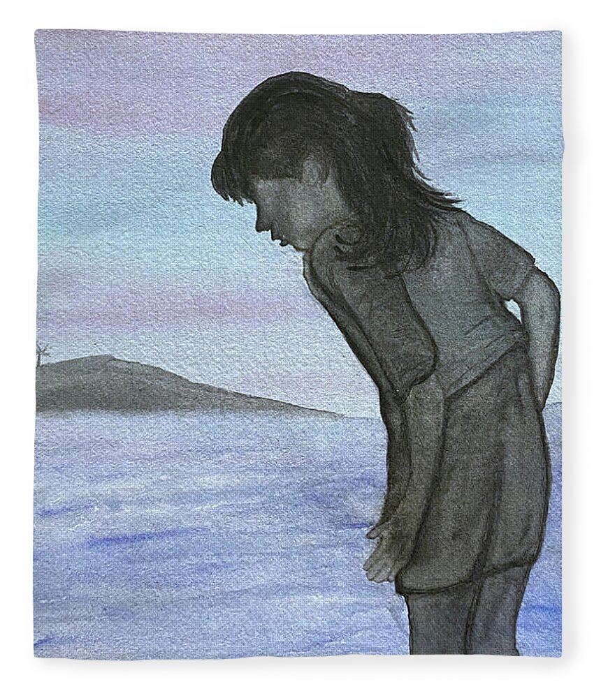 Silhouette Fleece Blanket featuring the painting Girl at the Beach by Lisa Neuman