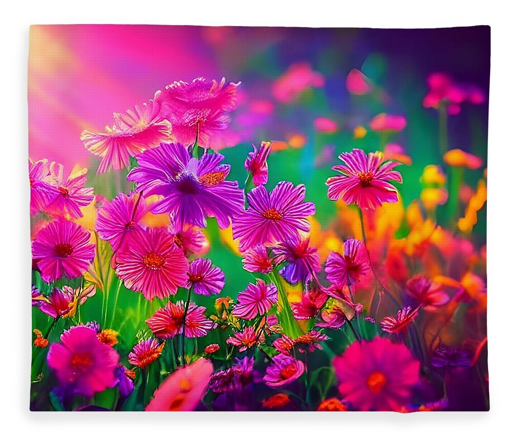 Digital Fleece Blanket featuring the digital art Glowing Pink Flowers by Beverly Read