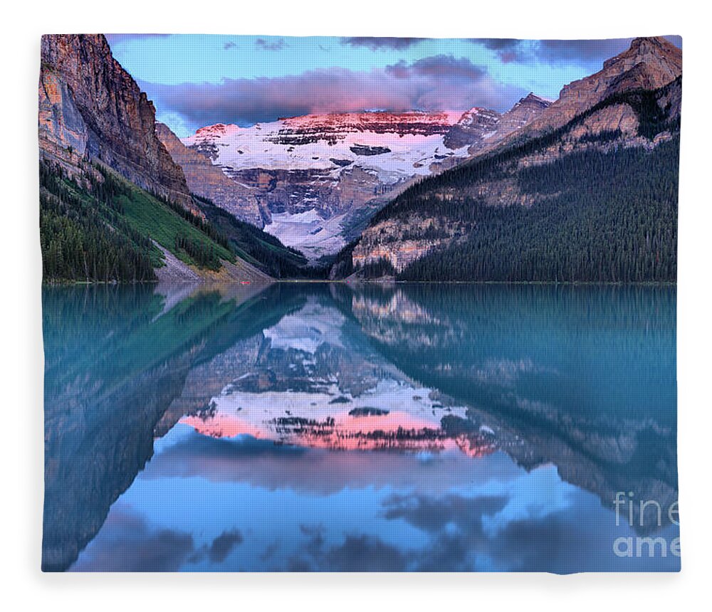 Lake Fleece Blanket featuring the photograph Glowing Victoria Glacier Sunrise Panorama by Adam Jewell