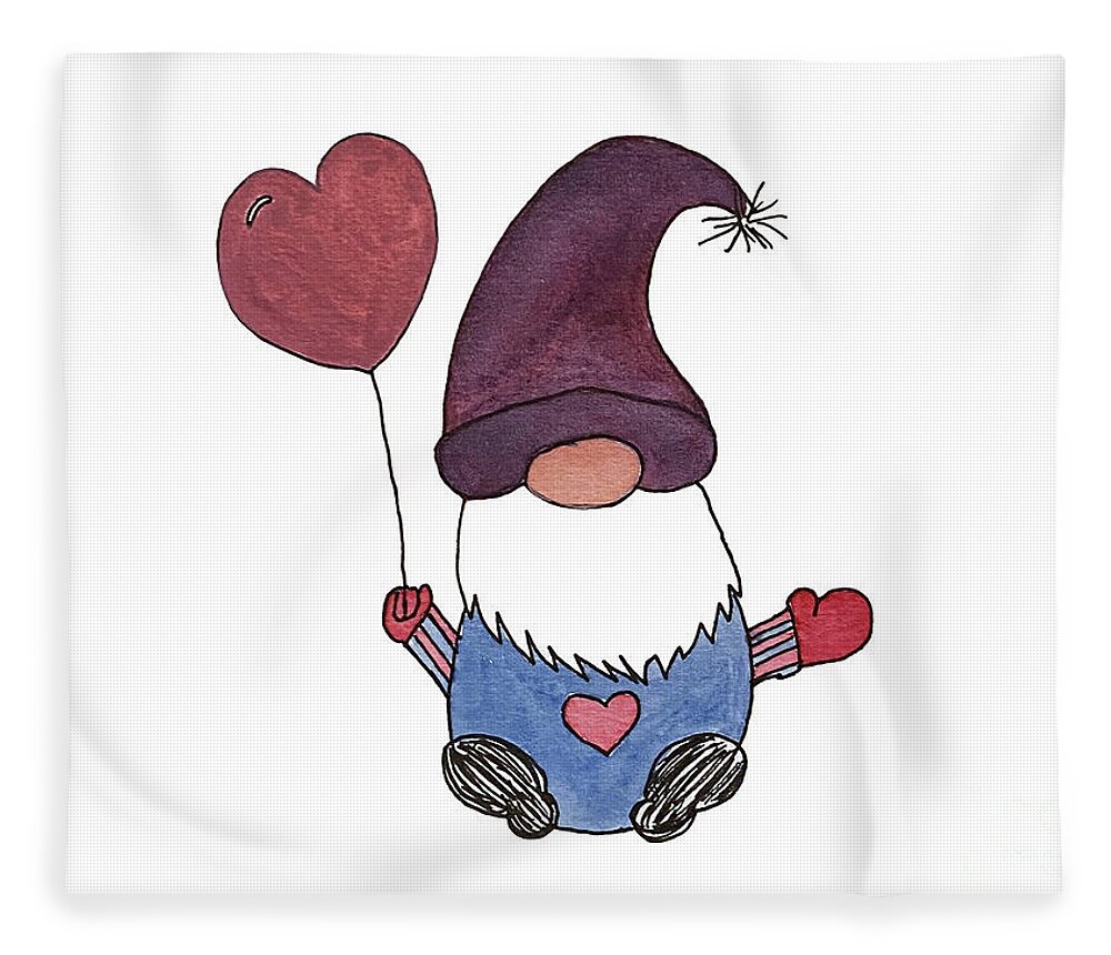 Valentine's Day Fleece Blanket featuring the mixed media Gnome with Purple Hat by Lisa Neuman